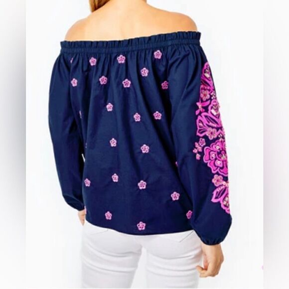 Lilly Pulitzer Jaeda Off the Shoulder Top in Navy - Size XSmall - Picture 4 of 12